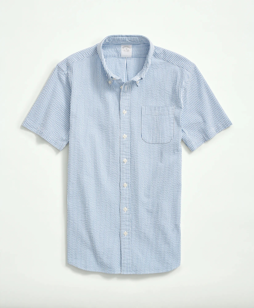 Washed Cotton Seersucker Button-Down Collar, Stripe Short-Sleeve Sport Shirt, image 3