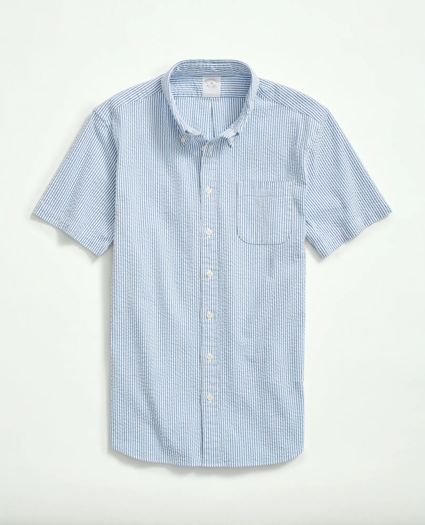 Washed Cotton Seersucker Button-Down Collar, Stripe Short-Sleeve Sport Shirt, image 3