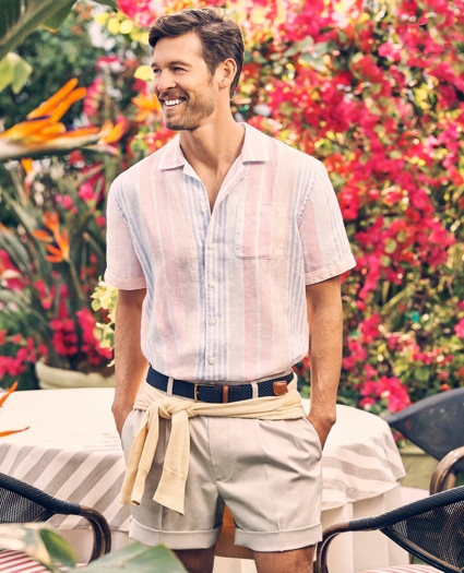 Irish Linen Camp Collar, Awning Stripe Short-Sleeve Sport Shirt, image 2