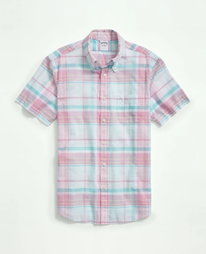 Washed Cotton Madras Button-Down Collar Short-Sleeve Sport Shirt, image 1