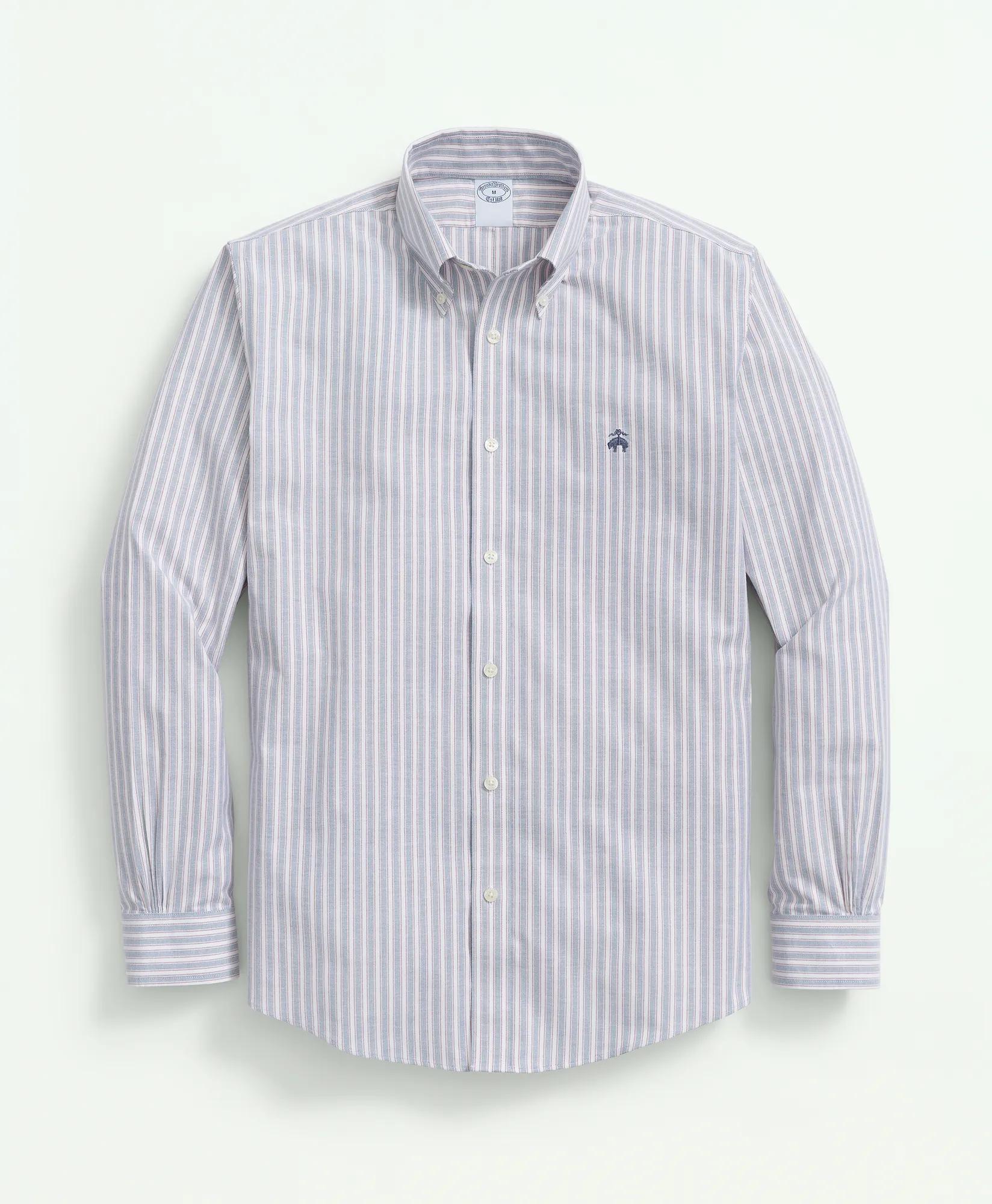 Stretch  Cotton Non-Iron Oxford Polo Button-Down Collar, Outline Striped Shirt, image 1