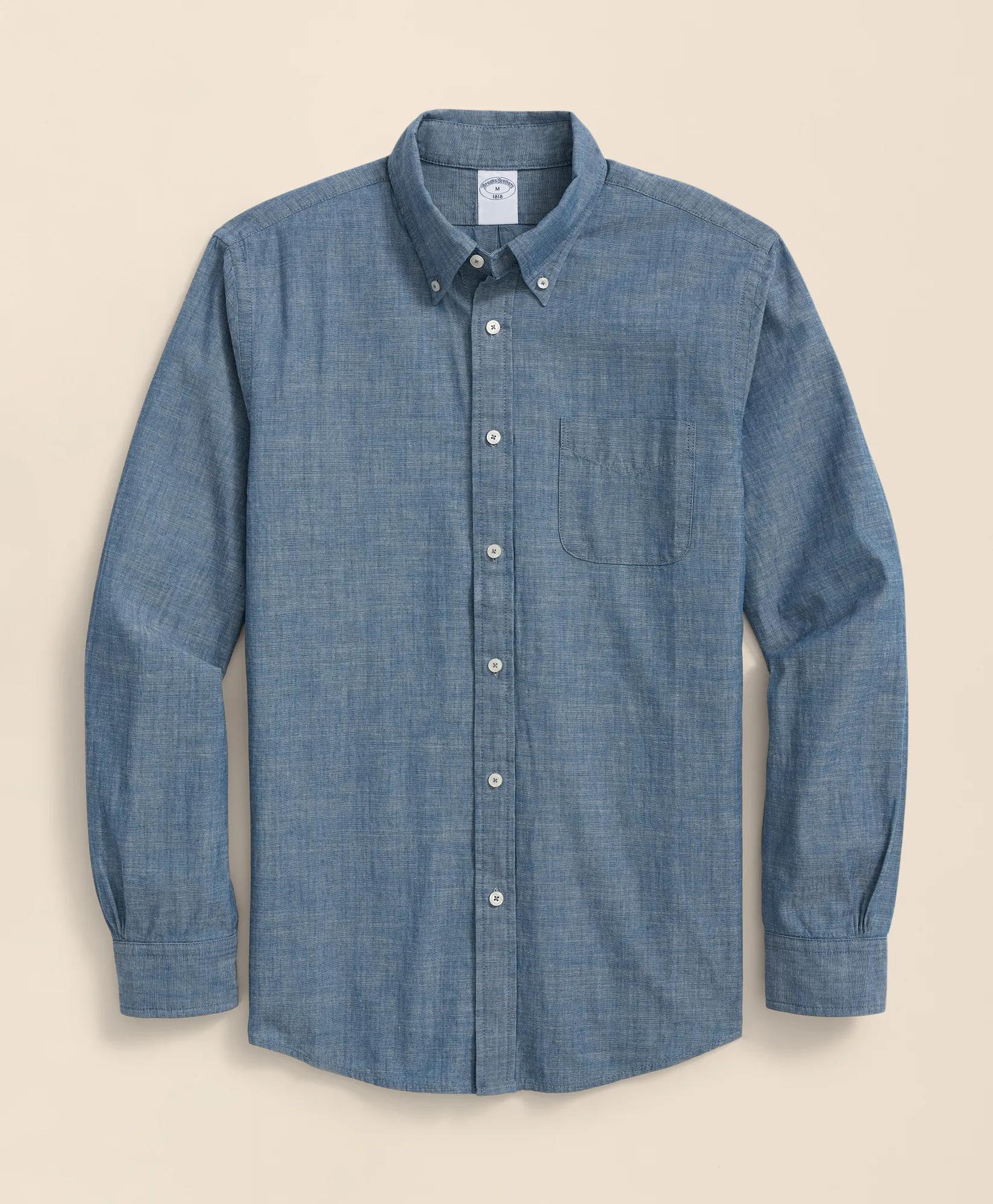 Chambray Cotton Poplin Polo Button Down Collar, Sport Shirt, image 1