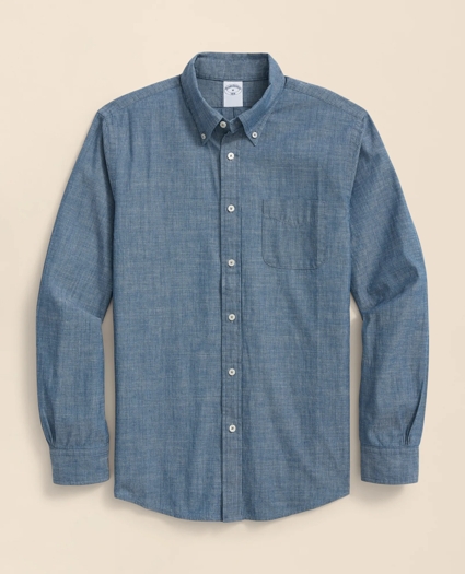 Chambray Cotton Poplin Polo Button Down Collar, Sport Shirt, image 1