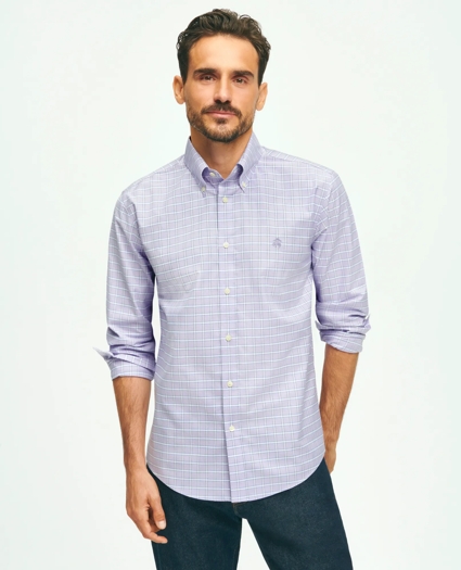 Stretch Cotton Non-Iron Oxford Polo Button Down Collar, Checked Shirt, image 1