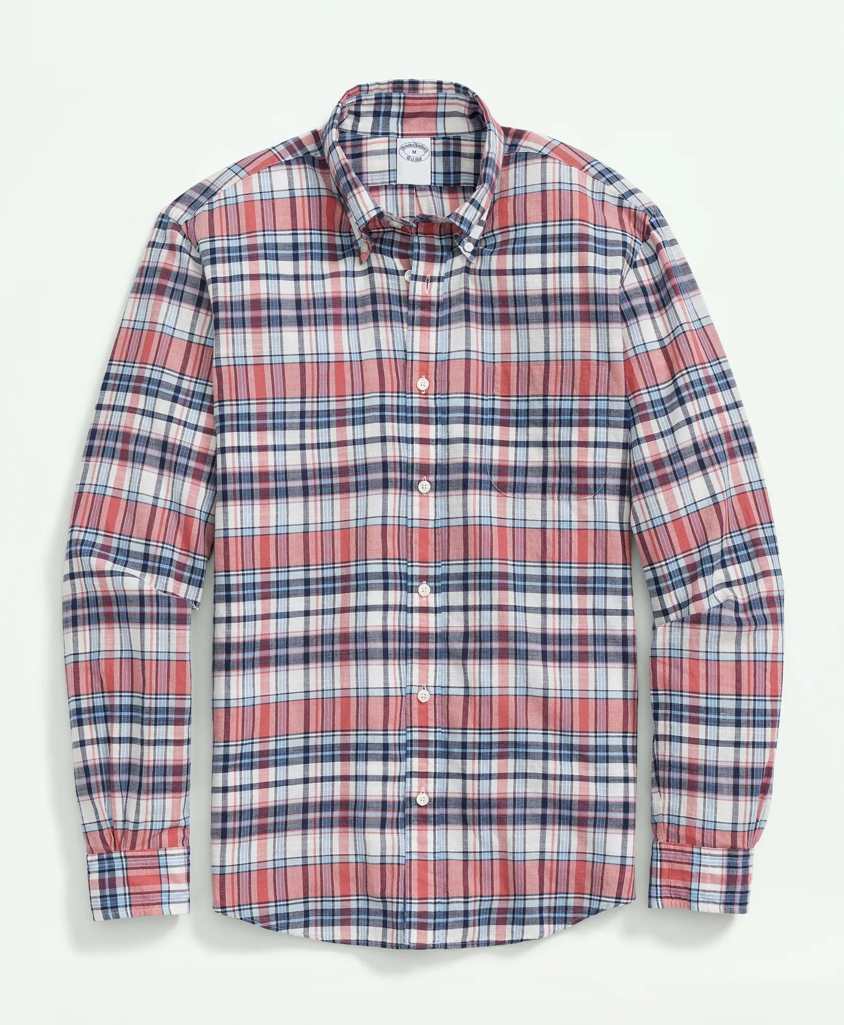 Washed Cotton Madras Button-Down Collar Sport Shirt, image 1