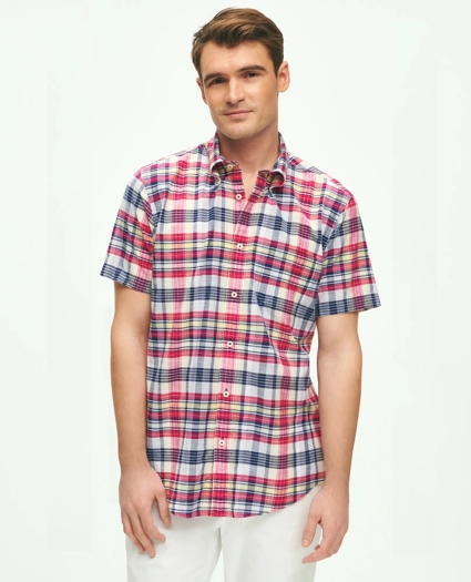 Washed Cotton Madras Short Sleeve Button-Down Collar Sport Shirt, image 1