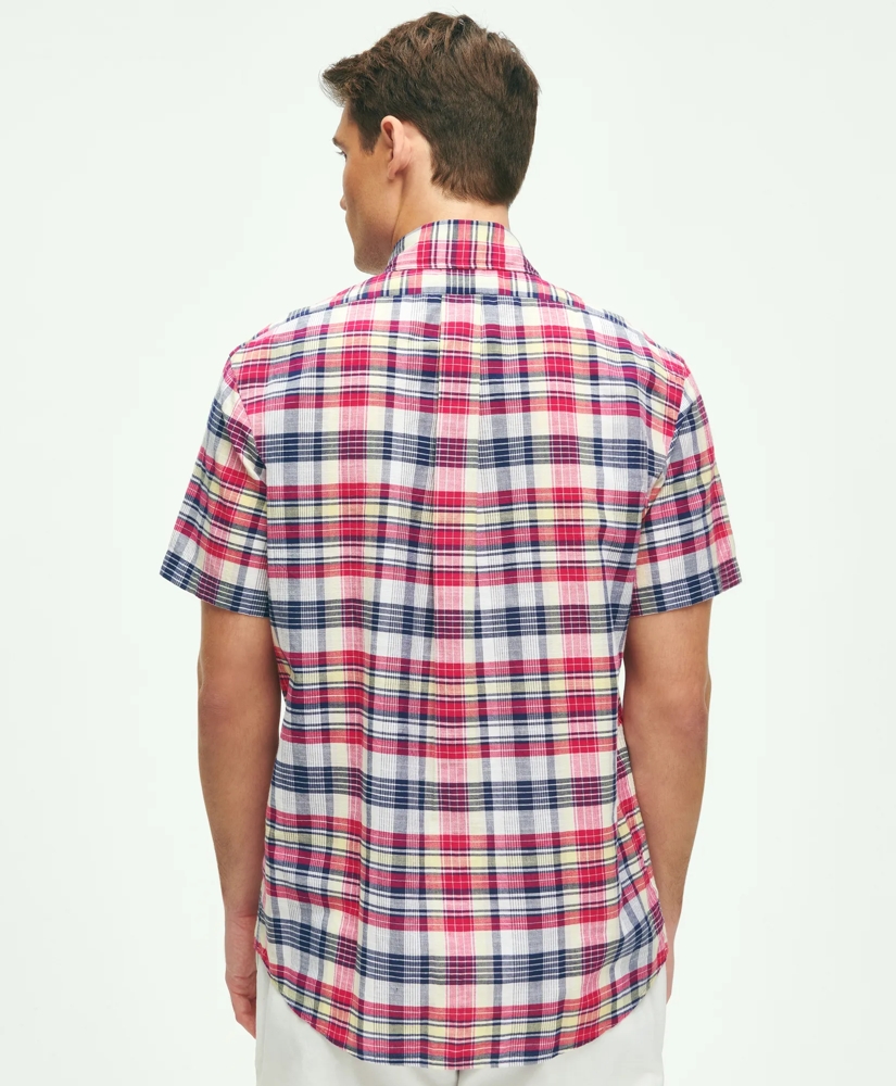 Washed Cotton Madras Short Sleeve Button-Down Collar Sport Shirt, image 3