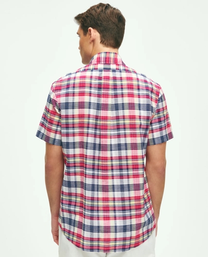 Washed Cotton Madras Short Sleeve Button-Down Collar Sport Shirt, image 3