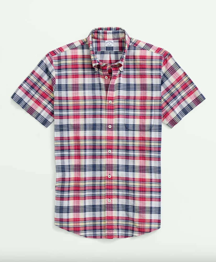 Washed Cotton Madras Short Sleeve Button-Down Collar Sport Shirt, image 2