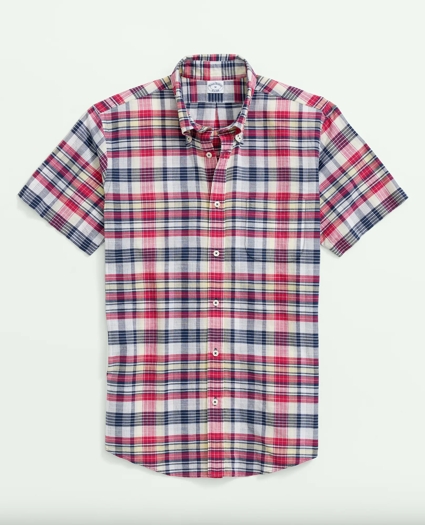 Washed Cotton Madras Short Sleeve Button-Down Collar Sport Shirt, image 2