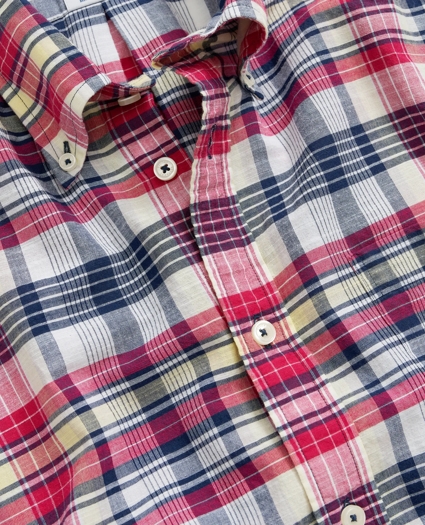 Washed Cotton Madras Short Sleeve Button-Down Collar Sport Shirt, image 5