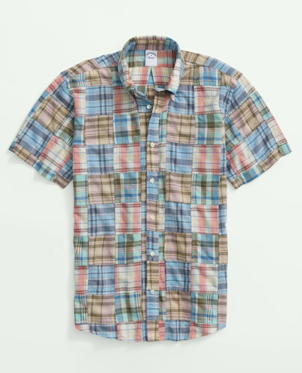 Cotton Madras Short Sleeve Button-Down Collar Sport Shirt, image 1