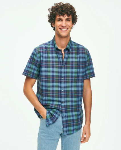 Washed Cotton Madras Short Sleeve Button-Down Collar Sport Shirt, image 1