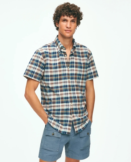 Washed Cotton Madras Short Sleeve Button-Down Collar Sport Shirt, image 1
