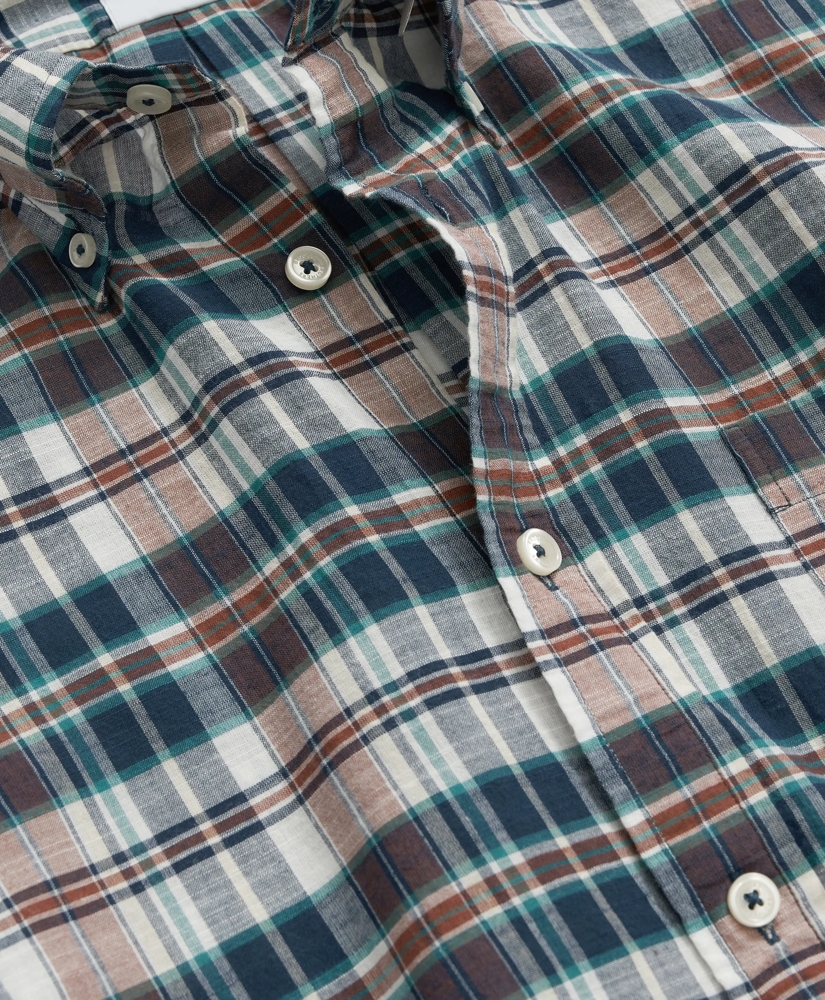 Washed Cotton Madras Short Sleeve Button-Down Collar Sport Shirt, image 3