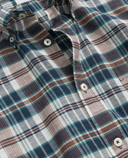 Washed Cotton Madras Short Sleeve Button-Down Collar Sport Shirt, image 3