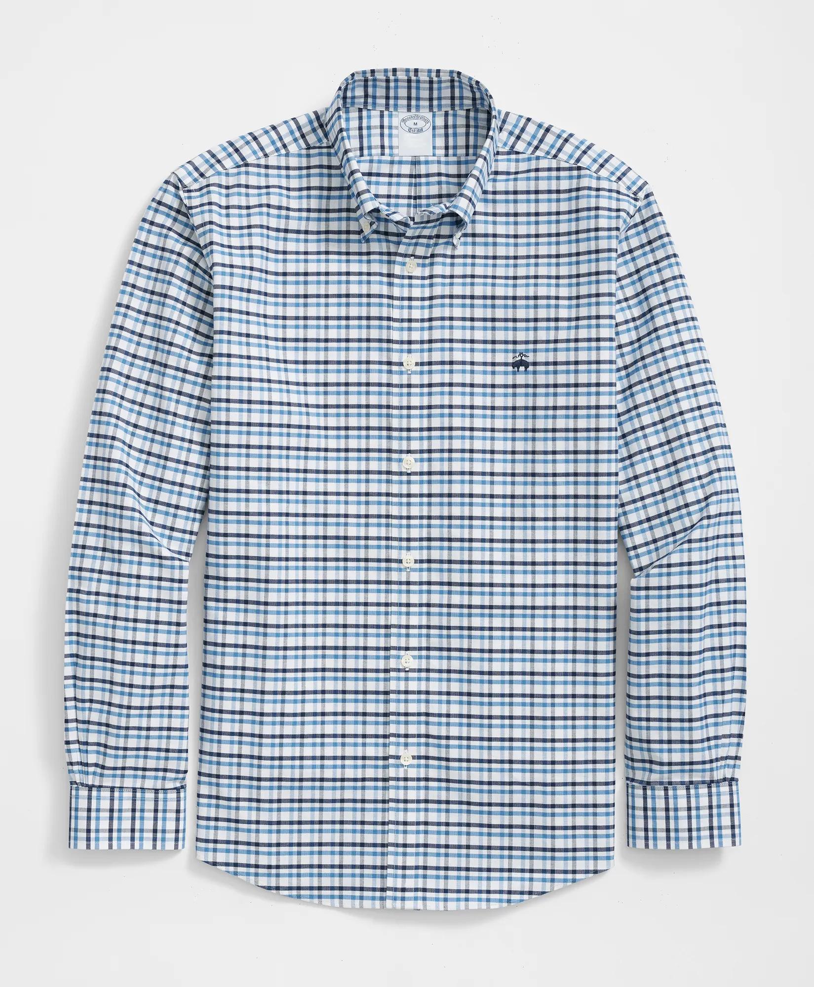 Stretch Cotton Non-Iron Oxford Polo Button Down Collar, Double-Check Shirt