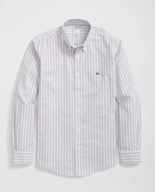 Brooks Brothers Stretch Cotton Non-iron Oxford Polo Button Down Collar, Triple Stripe Shirt In Blue