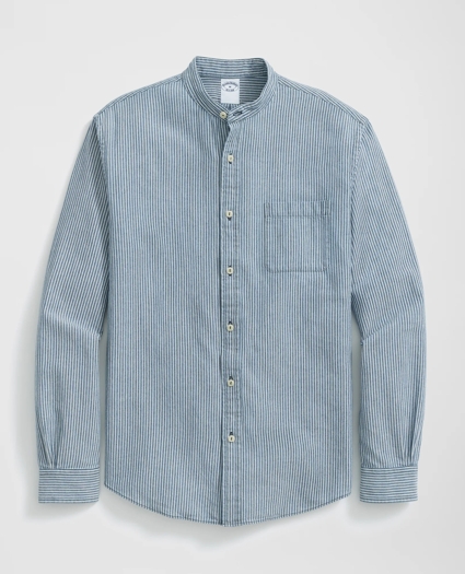 Denim Sport Shirt in Garment-Washed Indigo-Stripe Cotton, image 1