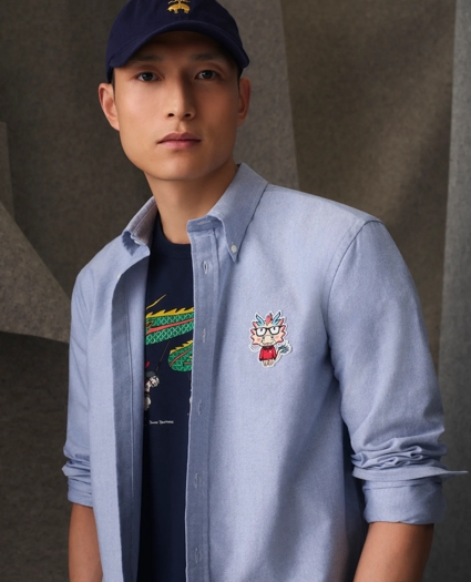 Men's Lunar New Year Snake Embroidered Oxford Cloth Slim-Fit Button-Down Collar Sport Shirt, image 5