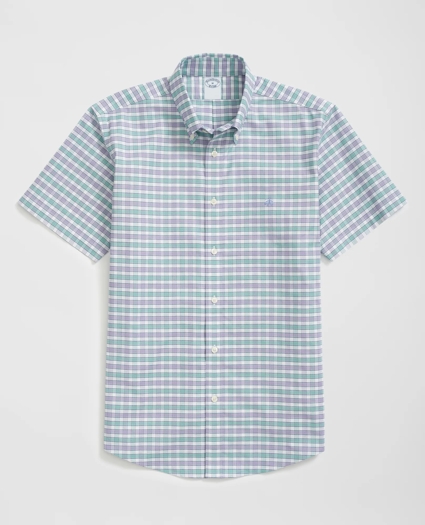 Stretch Cotton Non-Iron Oxford Polo Button Down Collar, Checked Short-Sleeve Shirt, image 1