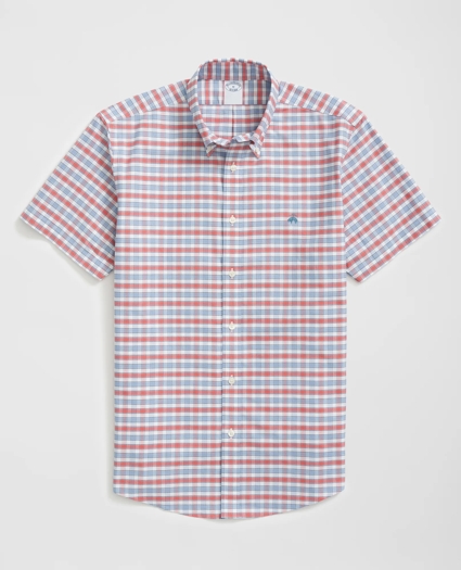 Stretch Cotton Non-Iron Oxford Polo Button Down Collar, Checked Short-Sleeve Shirt, image 1
