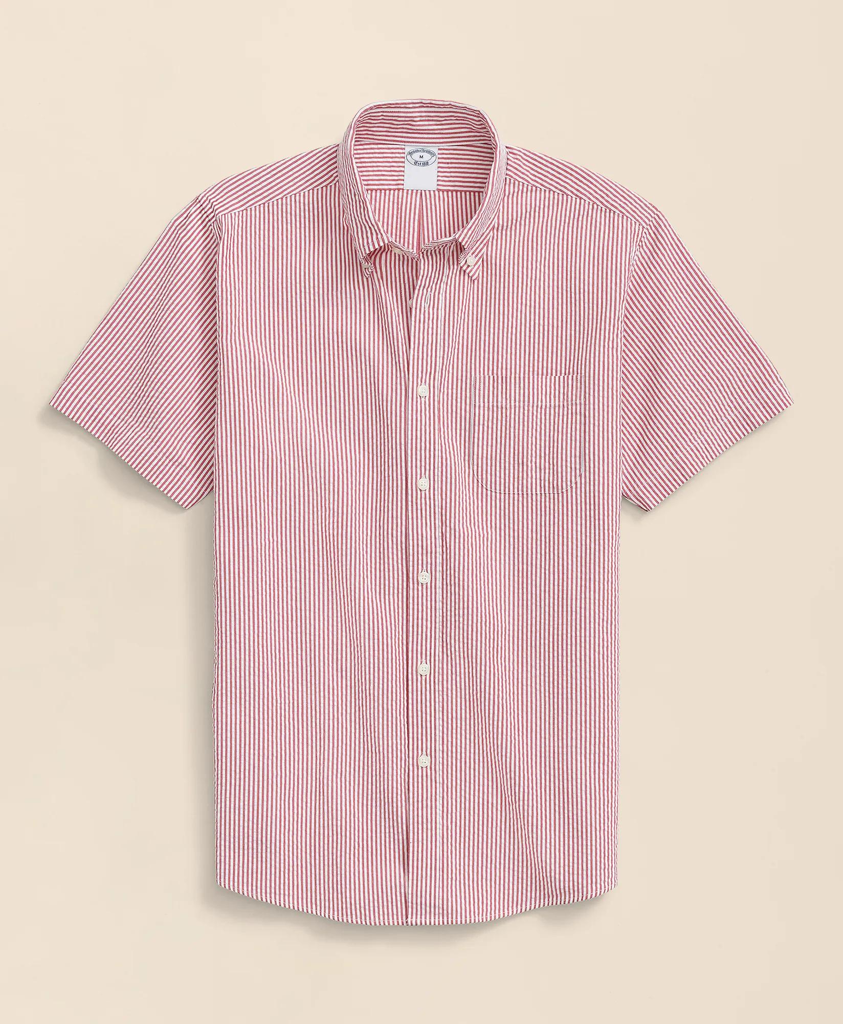 Washed Cotton Seersucker Button-Down Collar, Stripe Short-Sleeve Sport Shirt, image 1