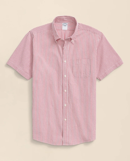Washed Cotton Seersucker Button-Down Collar, Stripe Short-Sleeve Sport Shirt, image 1