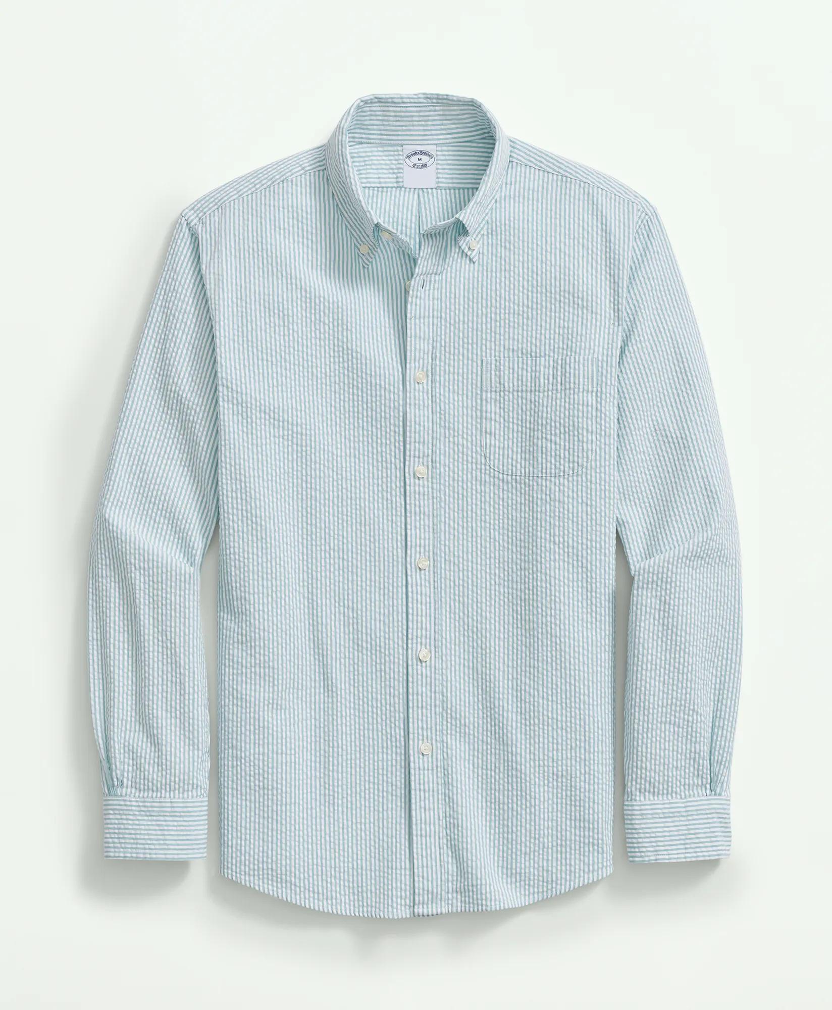 Washed Cotton Seersucker Button-Down Collar, Stripe Sport Shirt, image 1