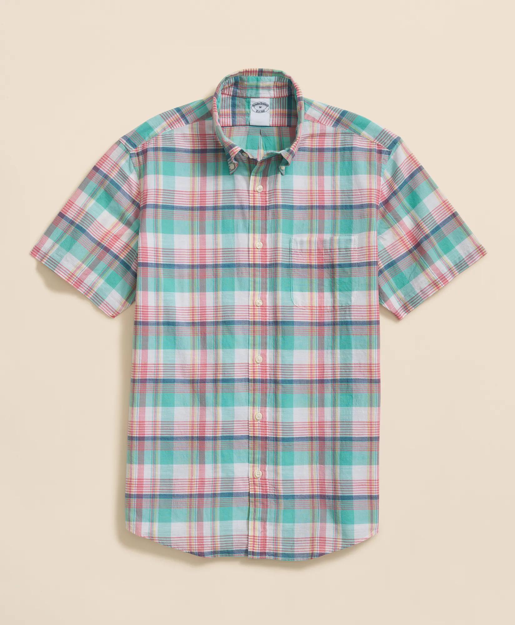 Washed Cotton Madras Polo Button-Down Collar, Short-Sleeve Shirt