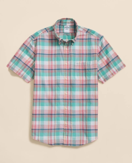 Washed Cotton Madras Polo Button-Down Collar, Short-Sleeve Shirt, image 1