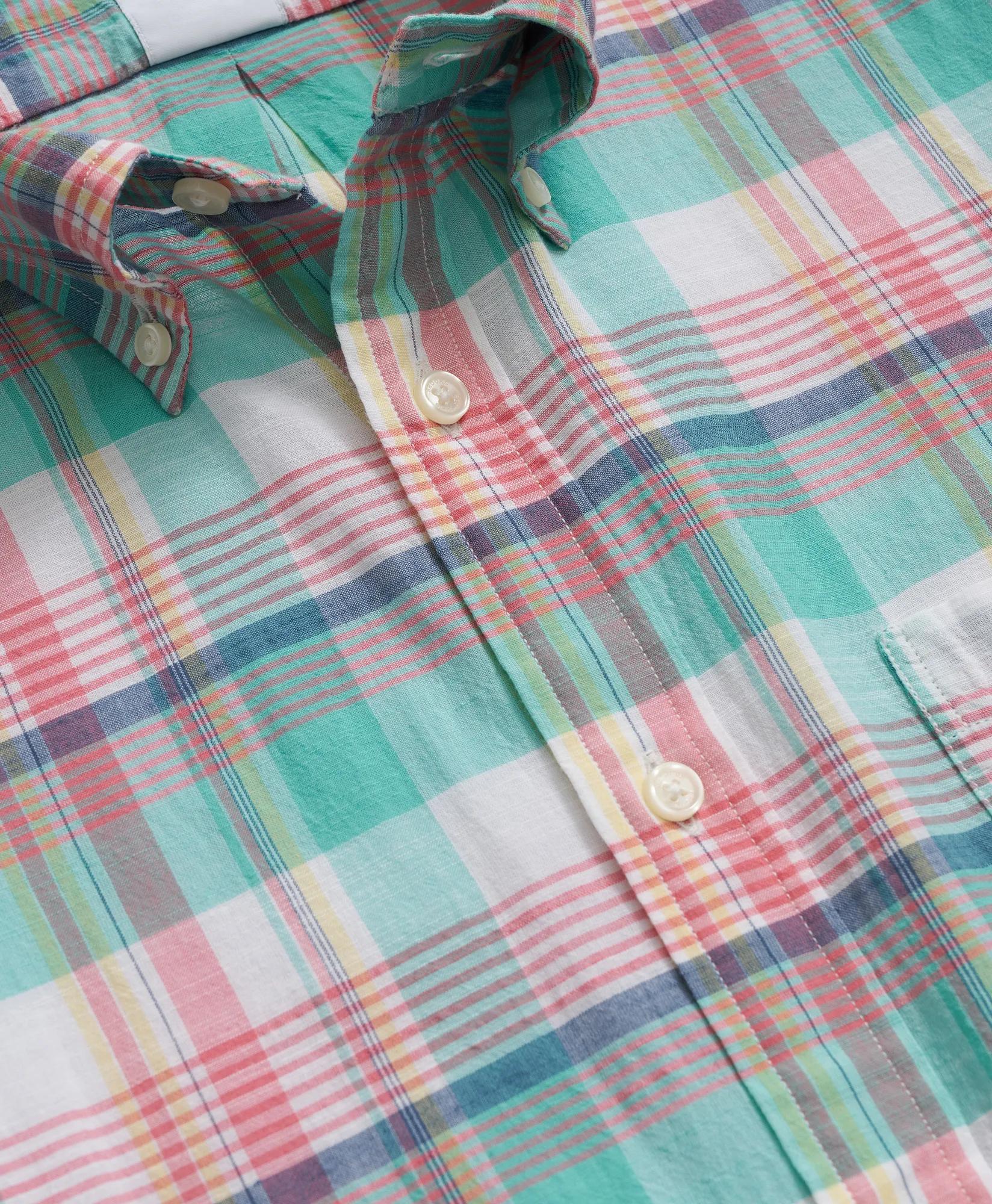 Washed Cotton Madras Polo Button-Down Collar, Short-Sleeve Shirt