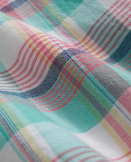 Washed Cotton Madras Polo Button-Down Collar, Short-Sleeve Shirt, image 3