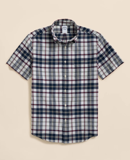 Washed Cotton Madras Polo Button-Down Collar, Short-Sleeve Shirt, image 1