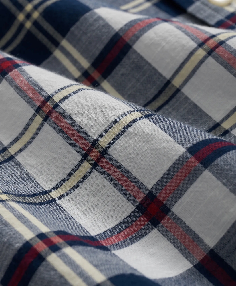 Washed Cotton Madras Polo Button-Down Collar, Short-Sleeve Shirt, image 3