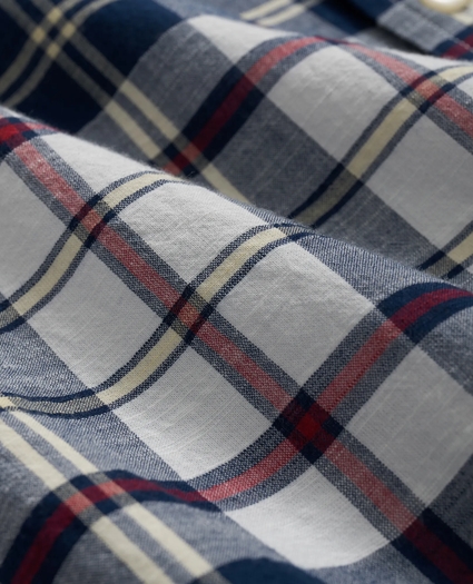 Washed Cotton Madras Polo Button-Down Collar, Short-Sleeve Shirt, image 3
