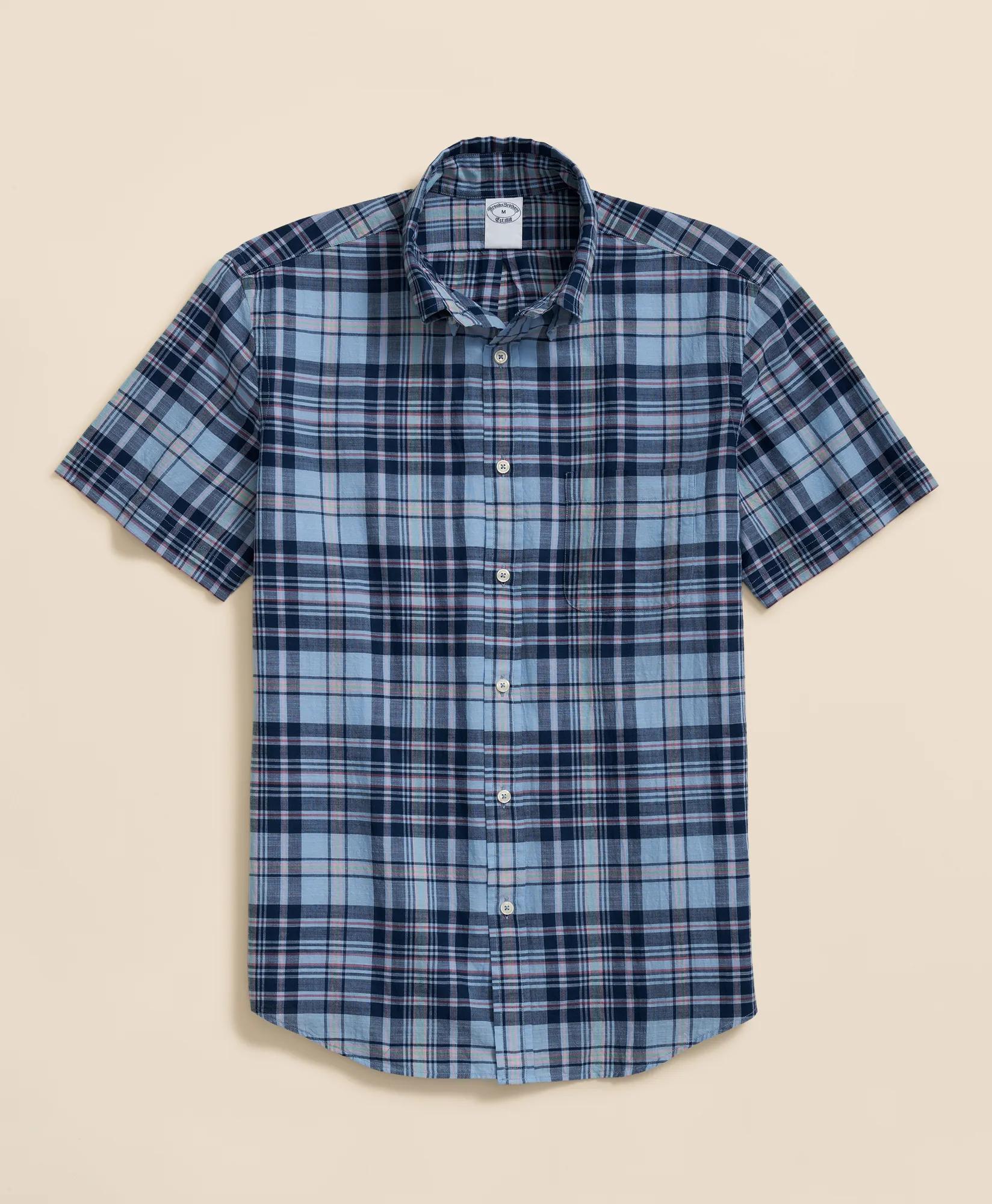 Washed Cotton Madras Polo Button-Down Collar, Short-Sleeve Shirt