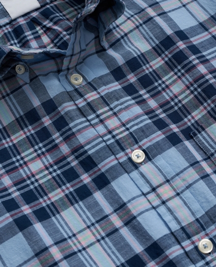 Washed Cotton Madras Polo Button-Down Collar, Short-Sleeve Shirt, image 2