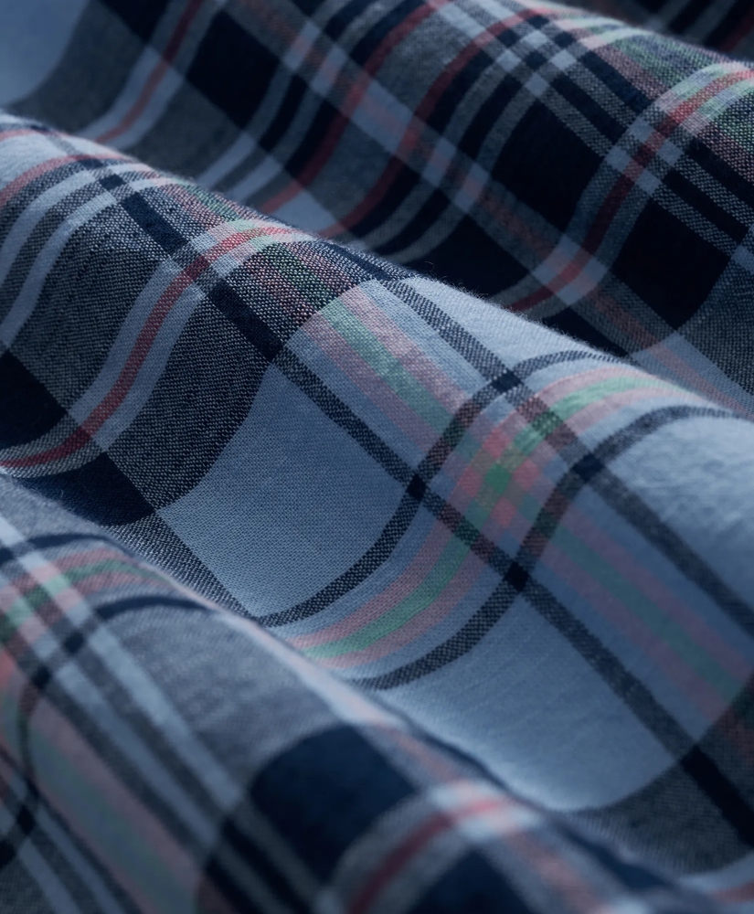 Washed Cotton Madras Polo Button-Down Collar, Short-Sleeve Shirt, image 3