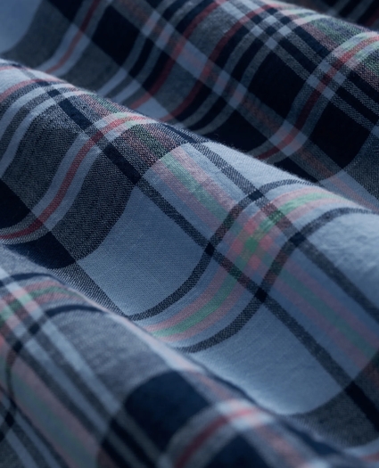 Washed Cotton Madras Polo Button-Down Collar, Short-Sleeve Shirt, image 3