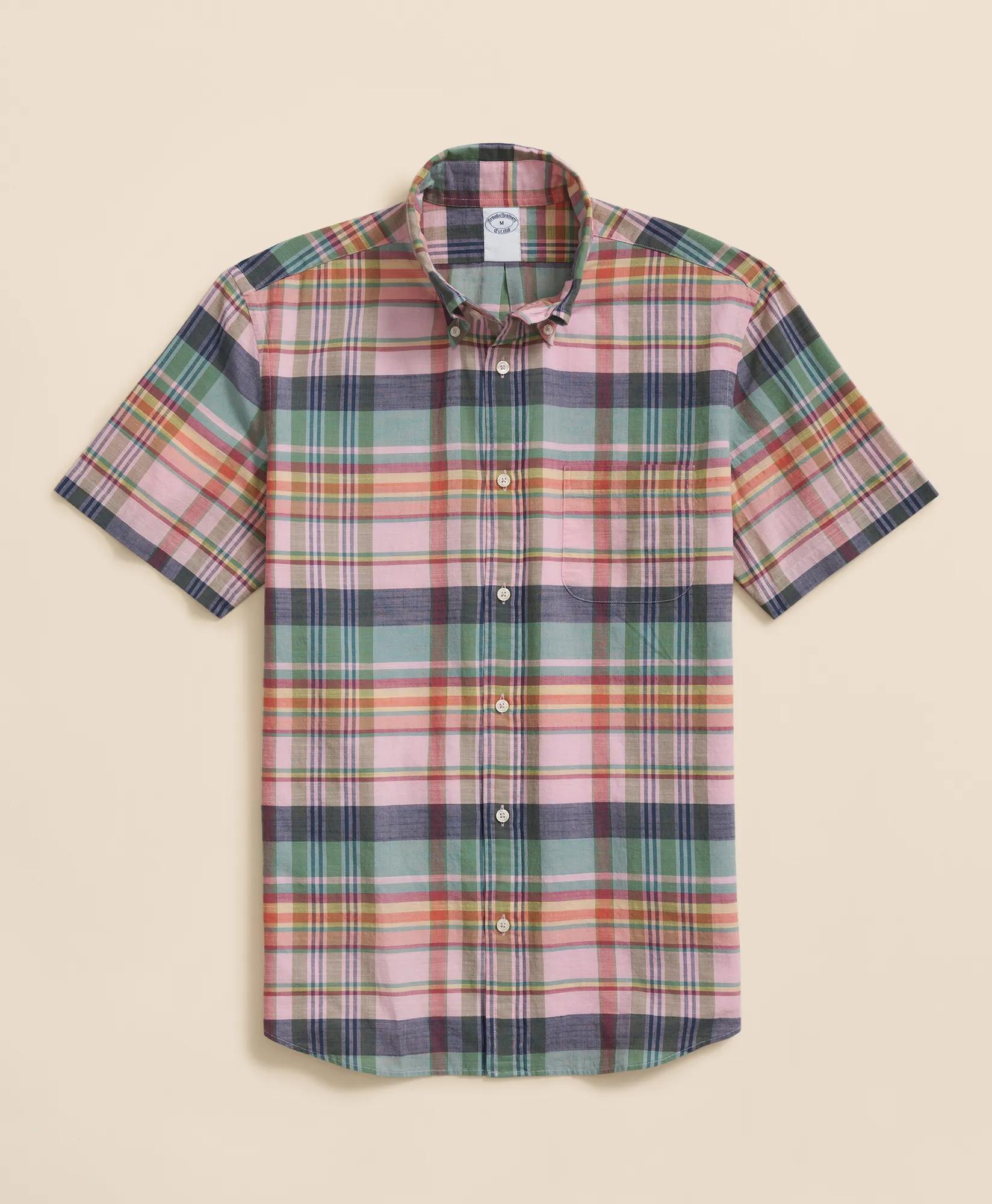 Washed Cotton Madras Polo Button-Down Collar, Short-Sleeve Shirt