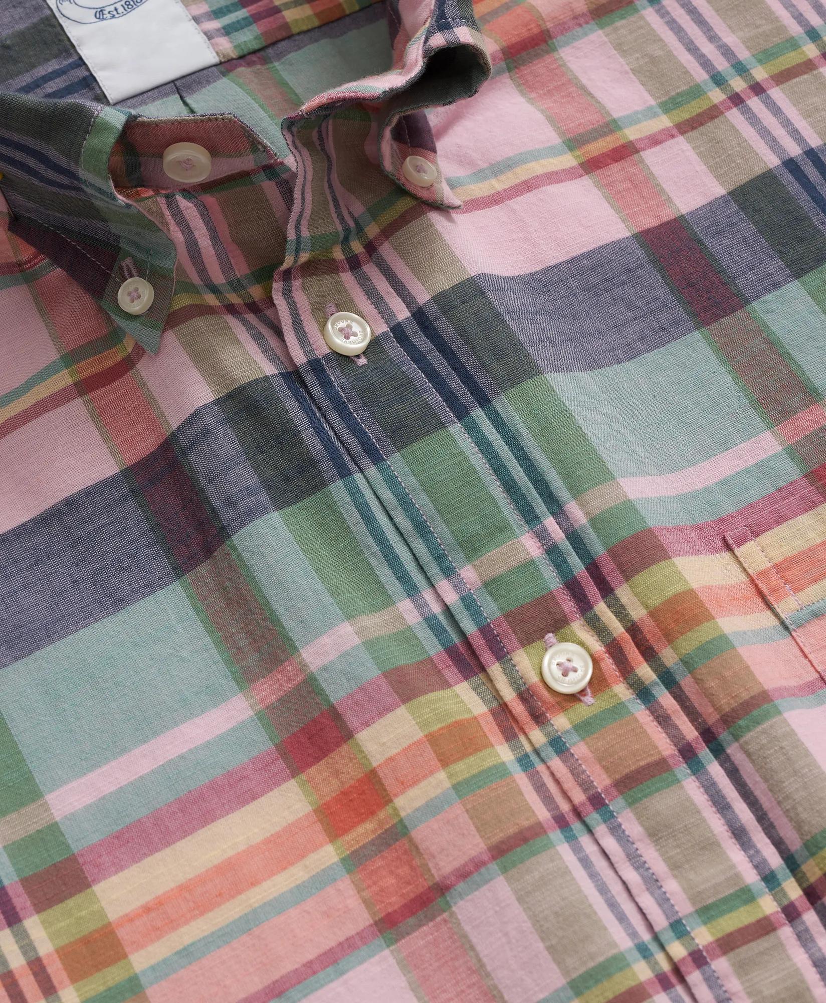 Washed Cotton Madras Polo Button-Down Collar, Short-Sleeve Shirt