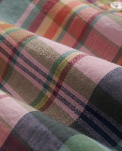 Washed Cotton Madras Polo Button-Down Collar, Short-Sleeve Shirt, image 3