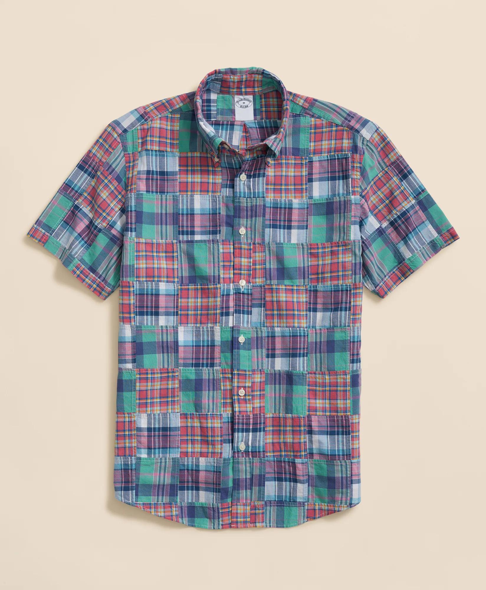 Washed Cotton Patchwork Madras Polo Button-Down Collar, Short-Sleeve Shirt