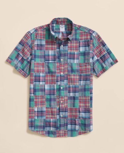Washed Cotton Patchwork Madras Polo Button-Down Collar, Short-Sleeve Shirt, image 1