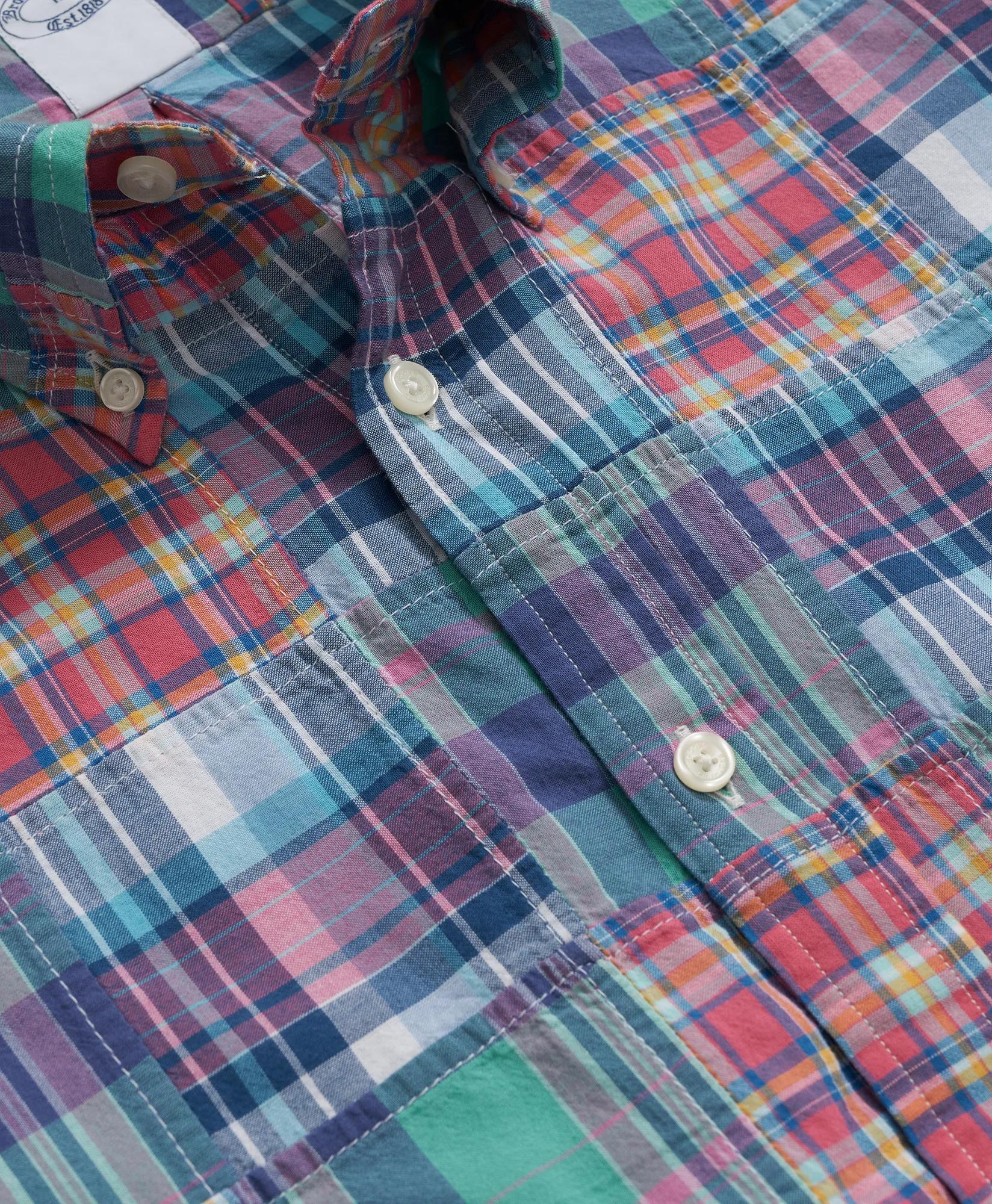 Washed Cotton Patchwork Madras Polo Button-Down Collar, Short-Sleeve Shirt