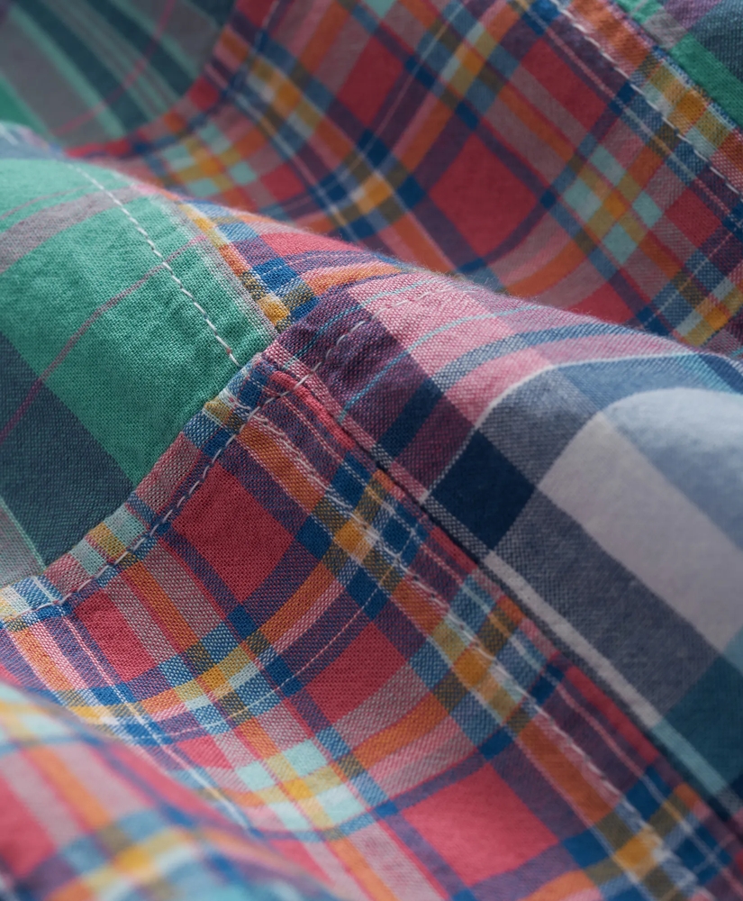 Washed Cotton Patchwork Madras Polo Button-Down Collar, Short-Sleeve Shirt, image 3