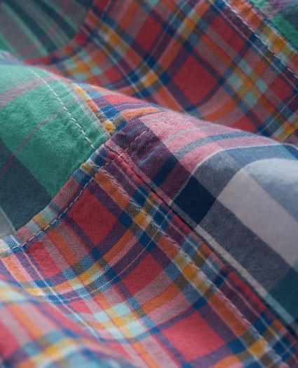 Washed Cotton Patchwork Madras Polo Button-Down Collar, Short-Sleeve Shirt, image 3