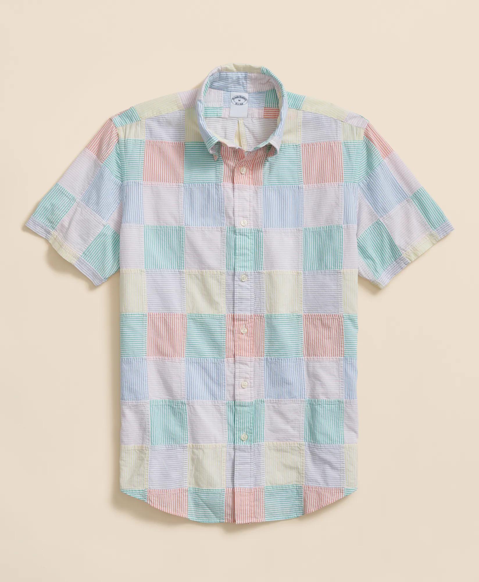 Washed Cotton Patchwork Madras Polo Button-Down Collar, Short-Sleeve Shirt