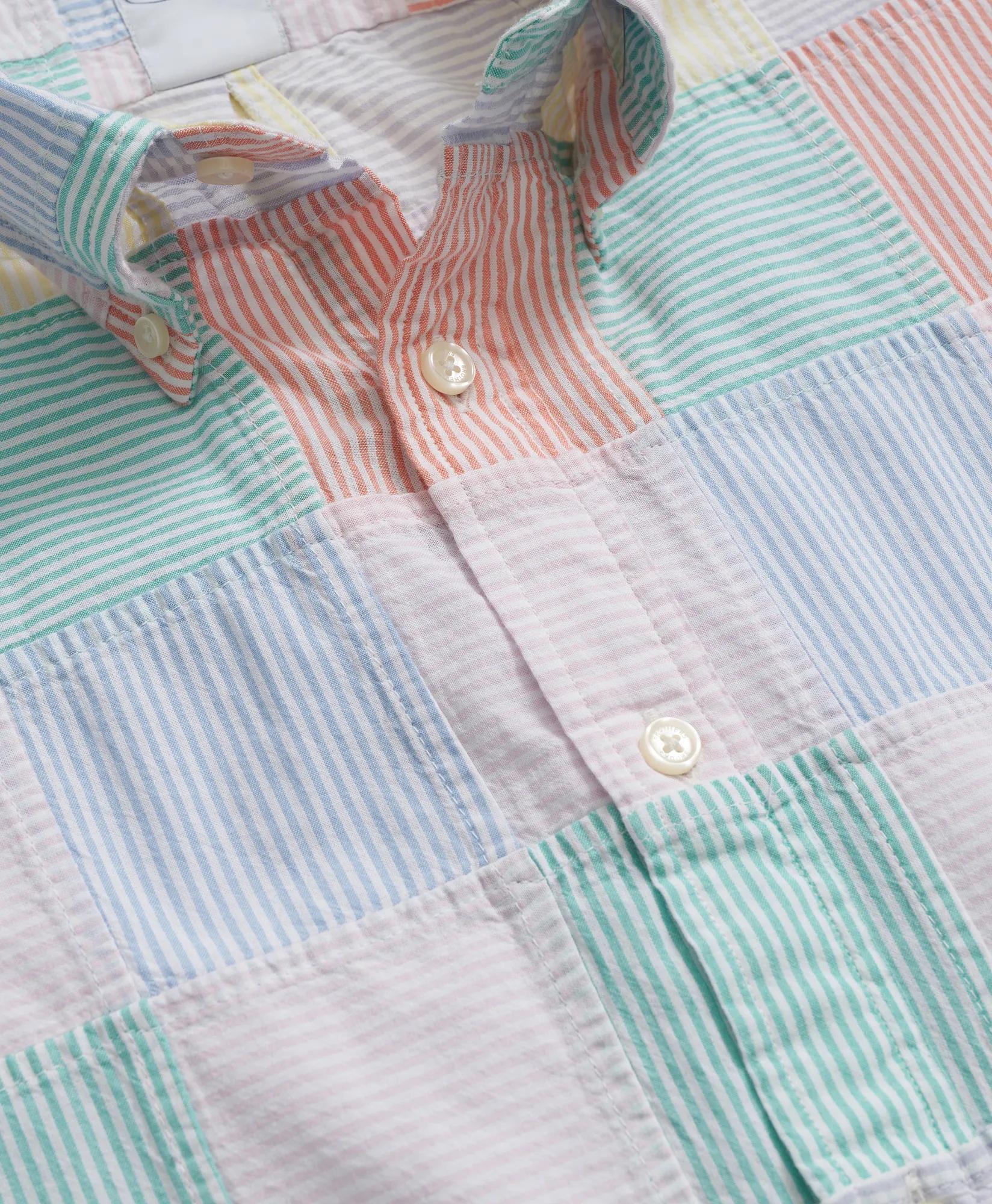 Washed Cotton Patchwork Madras Polo Button-Down Collar, Short-Sleeve Shirt